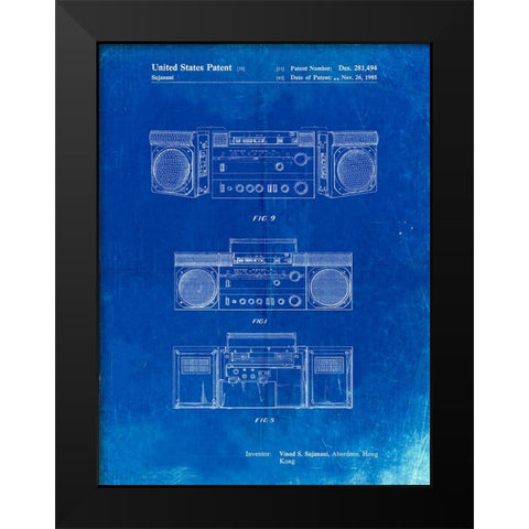 PP448-Faded Blueprint Hitachi Boom Box Patent Poster Black Modern Wood Framed Art Print by Borders, Cole