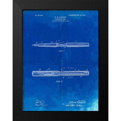 PP494-Faded Blueprint Sanford Fountain Pen 1905 Patent Poster Black Modern Wood Framed Art Print by Borders, Cole