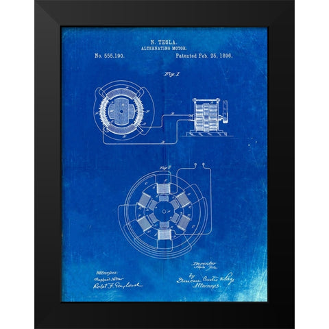 PP505-Faded Blueprint Tesla Alternating Motor Patent Poster Black Modern Wood Framed Art Print by Borders, Cole