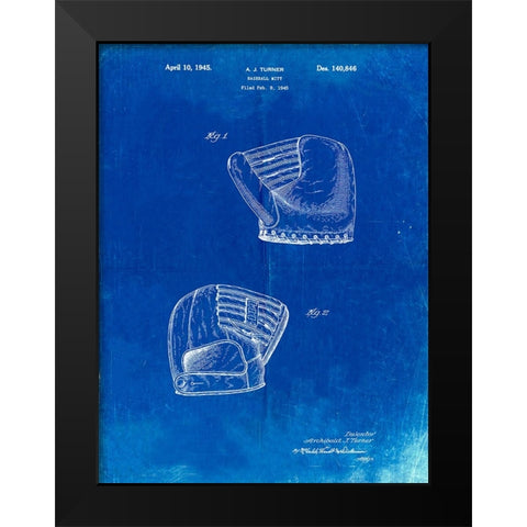 PP538-Faded Blueprint A.J. Turner Baseball Mitt Patent Poster Black Modern Wood Framed Art Print by Borders, Cole