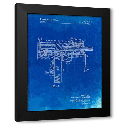 PP584-Faded Blueprint Mac-10 Uzi Patent Poster Black Modern Wood Framed Art Print by Borders, Cole