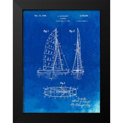 PP769-Faded Blueprint Collapsable Sailboat Poster Black Modern Wood Framed Art Print by Borders, Cole