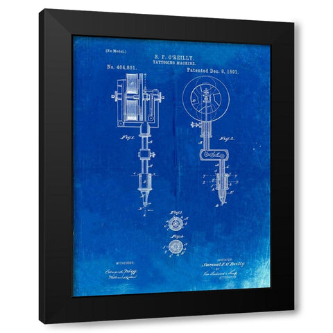 PP814-Faded Blueprint First Tattoo Machine Patent Poster Black Modern Wood Framed Art Print by Borders, Cole