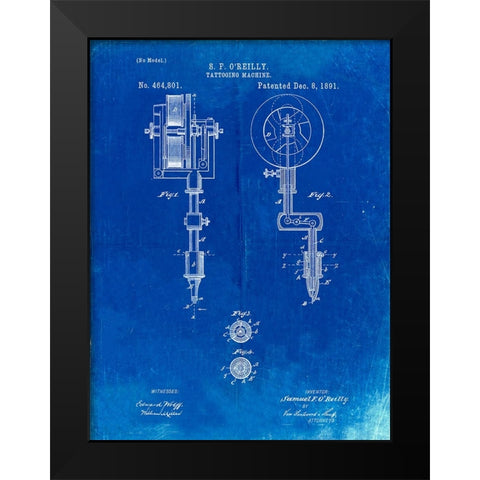 PP814-Faded Blueprint First Tattoo Machine Patent Poster Black Modern Wood Framed Art Print by Borders, Cole