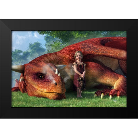 A Little Girl And Her Dragon Black Modern Wood Framed Art Print by Eskridge, Daniel