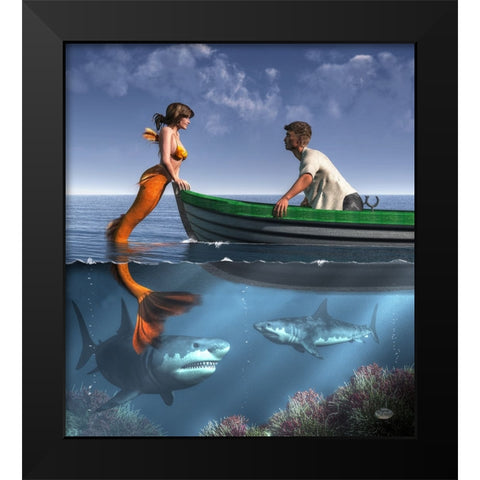 A Mermaid And Her Pets Black Modern Wood Framed Art Print by Eskridge, Daniel