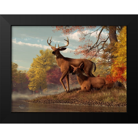 Deer On An Autumn Lakeshore Black Modern Wood Framed Art Print by Eskridge, Daniel
