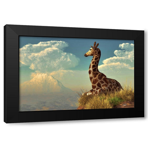 Giraffe And Distant Mountain Black Modern Wood Framed Art Print with Double Matting by Eskridge, Daniel
