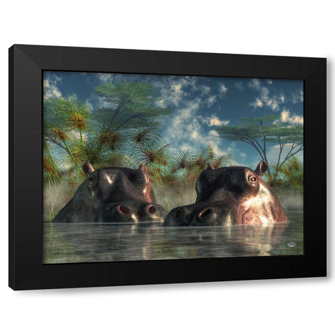 Hippos Coming To Get You Black Modern Wood Framed Art Print by Eskridge, Daniel