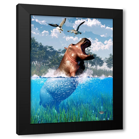 Lunging Hippo Black Modern Wood Framed Art Print with Double Matting by Eskridge, Daniel
