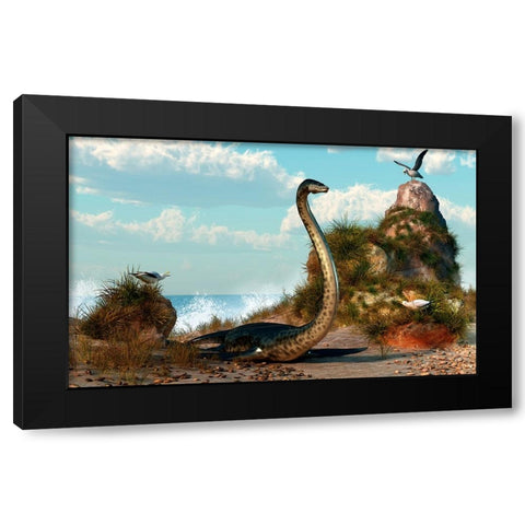 Sea Monster On The Beach Black Modern Wood Framed Art Print by Eskridge, Daniel