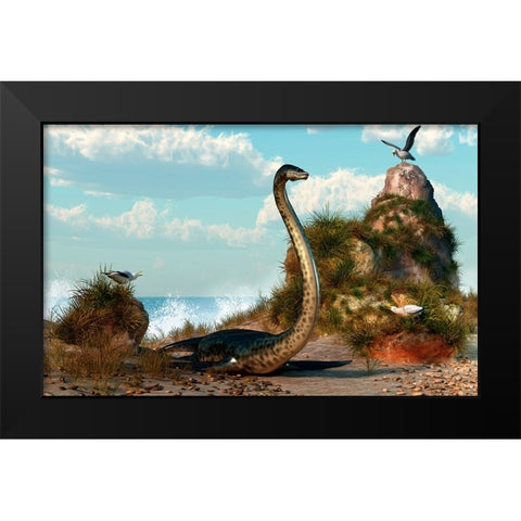 Sea Monster On The Beach Black Modern Wood Framed Art Print by Eskridge, Daniel
