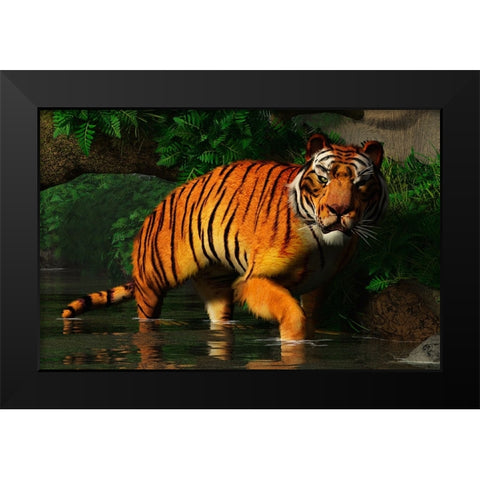 Wading Tiger Black Modern Wood Framed Art Print by Eskridge, Daniel