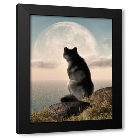 Wolf Watching The Moonrise Black Modern Wood Framed Art Print with Double Matting by Eskridge, Daniel