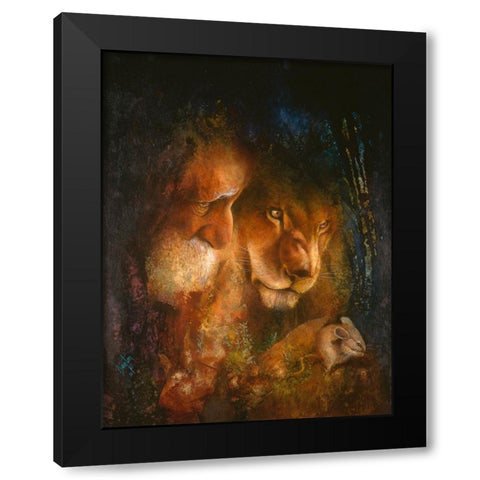 The Lion And The Mouse Black Modern Wood Framed Art Print by Lund, Denton