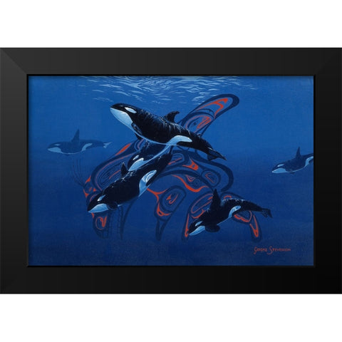 Blue Orcas Black Modern Wood Framed Art Print by Stevenson, Graeme
