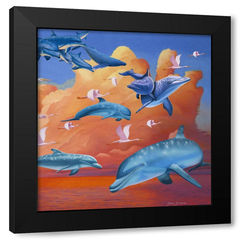 Dolphins Clouds Black Modern Wood Framed Art Print with Double Matting by Stevenson, Graeme