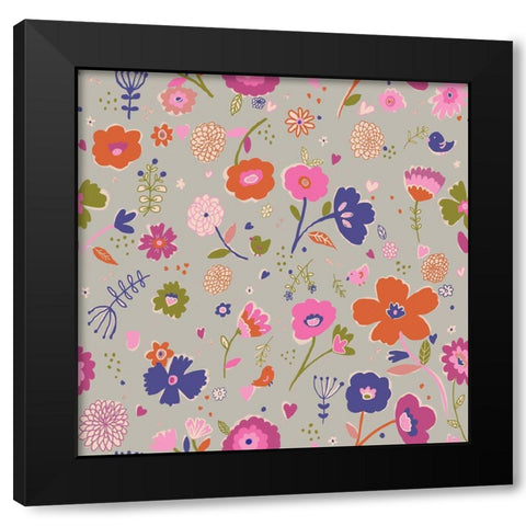 Pink And Blue Flowers Black Modern Wood Framed Art Print by HUE and MI and Sangita
