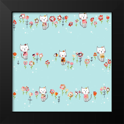 White Cat In Flowers Black Modern Wood Framed Art Print by HUE and MI and Sangita
