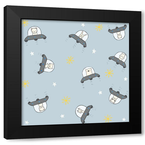 2098 Cute Space Ships Black Modern Wood Framed Art Print by HUE and MI and Sangita