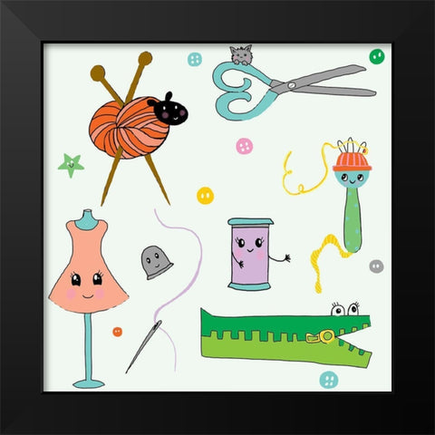 Sew Cute Black Modern Wood Framed Art Print by HUE and MI and Sangita