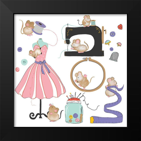 Sew Happy Black Modern Wood Framed Art Print by HUE and MI and Sangita