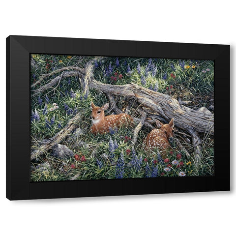 Fawns And Flowers Black Modern Wood Framed Art Print by Tift, Jeff