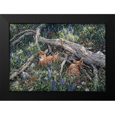 Fawns And Flowers Black Modern Wood Framed Art Print by Tift, Jeff