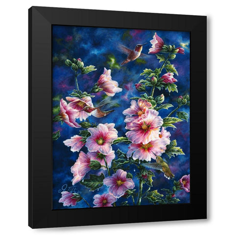 Hollyhocks And Hummingbirds Black Modern Wood Framed Art Print with Double Matting by Tift, Jeff