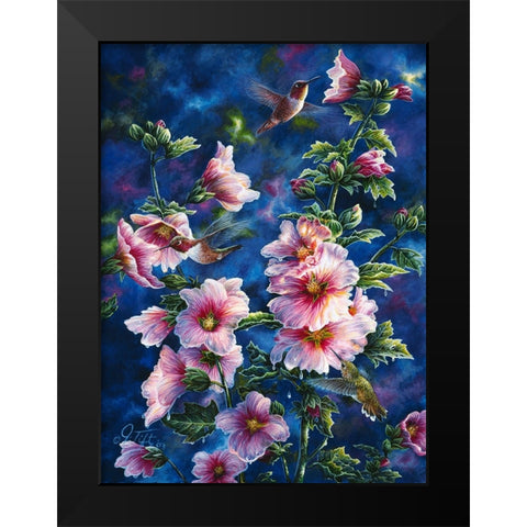 Hollyhocks And Hummingbirds Black Modern Wood Framed Art Print by Tift, Jeff