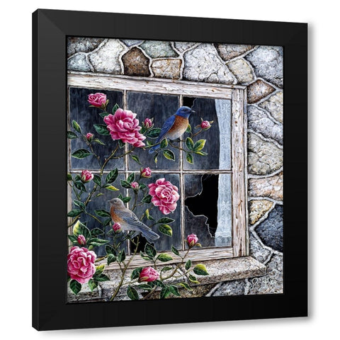 Bluebirds In Window Black Modern Wood Framed Art Print with Double Matting by Tift, Jeff