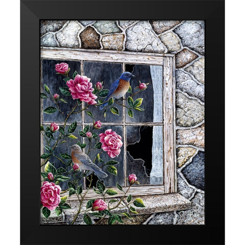 Bluebirds In Window Black Modern Wood Framed Art Print by Tift, Jeff