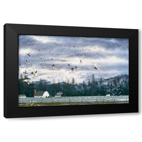 Geese Flying Over Farmland Black Modern Wood Framed Art Print by Tift, Jeff
