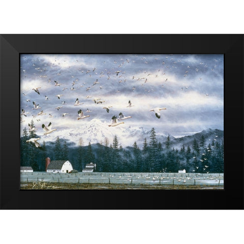 Geese Flying Over Farmland Black Modern Wood Framed Art Print by Tift, Jeff