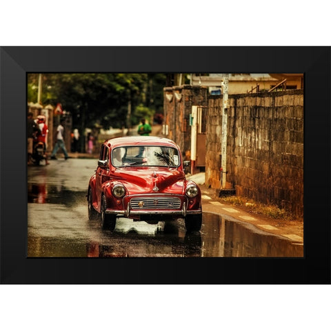 Red Retromobile Morris Minor Black Modern Wood Framed Art Print by Jenny Rainbow Fine Art
