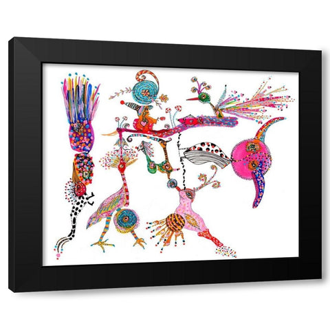 Funky Wondering Birds Black Modern Wood Framed Art Print with Double Matting by Kwerki Studios