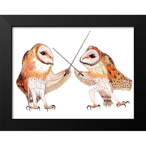 Dueling Owls Black Modern Wood Framed Art Print by Kwerki Studios