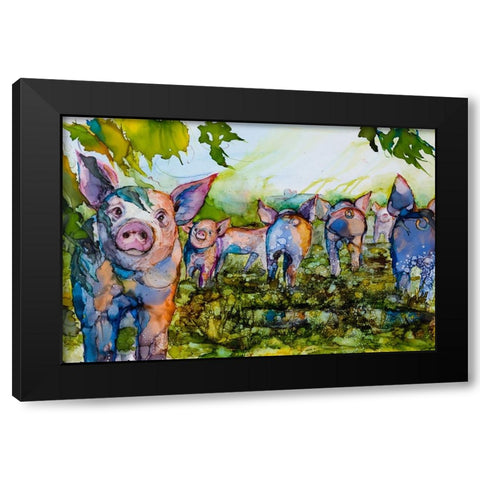 Pig Tales Black Modern Wood Framed Art Print with Double Matting by Art by Leslie Franklin