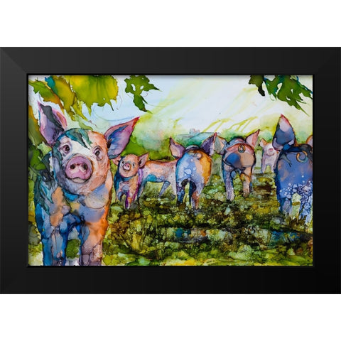 Pig Tales Black Modern Wood Framed Art Print by Art by Leslie Franklin