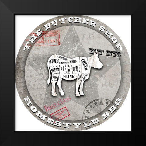 American Butcher Shop Round Cow Black Modern Wood Framed Art Print by LightBoxJournal