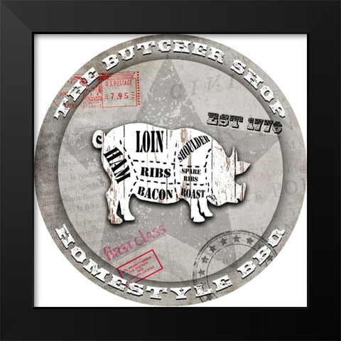 American Butcher Shop Round Pig Black Modern Wood Framed Art Print by LightBoxJournal