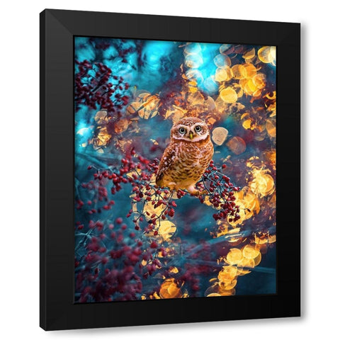 Owl Bokeh Black Modern Wood Framed Art Print with Double Matting by Love Grams