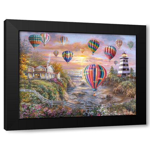 Balloons Over Cottage Cove Black Modern Wood Framed Art Print by Boehme, Nicky