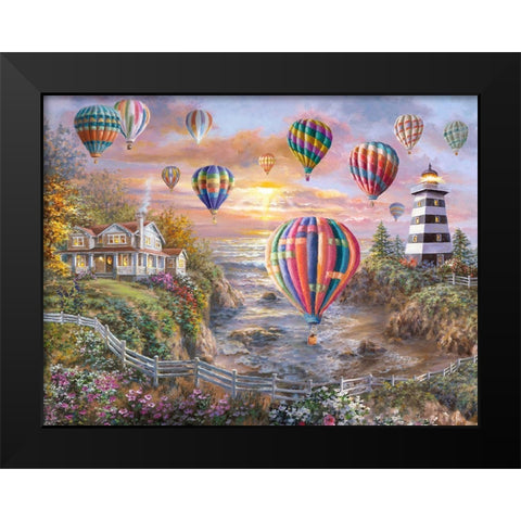 Balloons Over Cottage Cove Black Modern Wood Framed Art Print by Boehme, Nicky