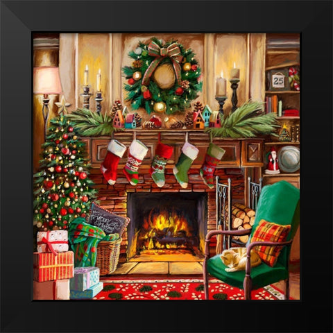 Fireside Christmas Black Modern Wood Framed Art Print by Boehme, Nicky