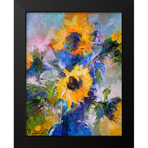 Sunflowers In Blue Vase Black Modern Wood Framed Art Print by Wallich, Richard