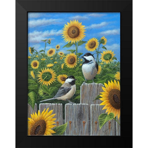 Chickadees And Sunflowers Black Modern Wood Framed Art Print by Wavra, Robert