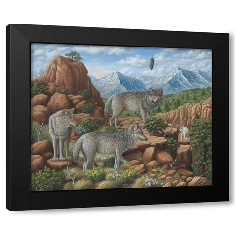 Scouting the Horizon - Grey Wolves Black Modern Wood Framed Art Print by Wavra, Robert