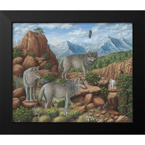 Scouting the Horizon - Grey Wolves Black Modern Wood Framed Art Print by Wavra, Robert