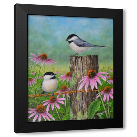 Chickadees and Coneflowers Black Modern Wood Framed Art Print by Wavra, Robert